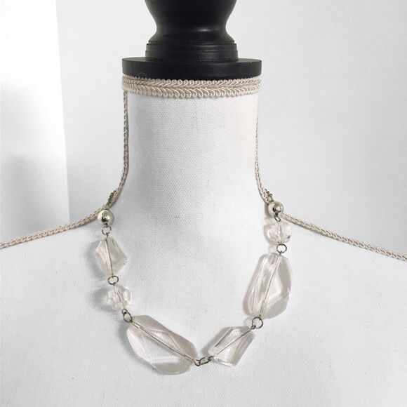 Clear Multi Shape Chunky Stone Statement Necklace Silver Tone Costume Jewelry - Picture 1 of 3
